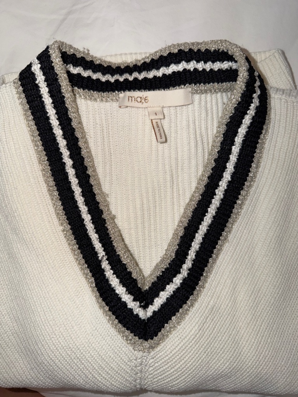 Maje Cream V-Neck Sweater with Black and Silver Trim